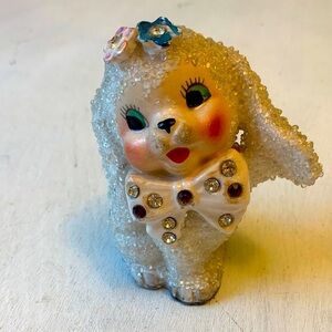 Vintage Sugared Anthropomorphic Poodle Red Polka Dot Bow Tie Figurine